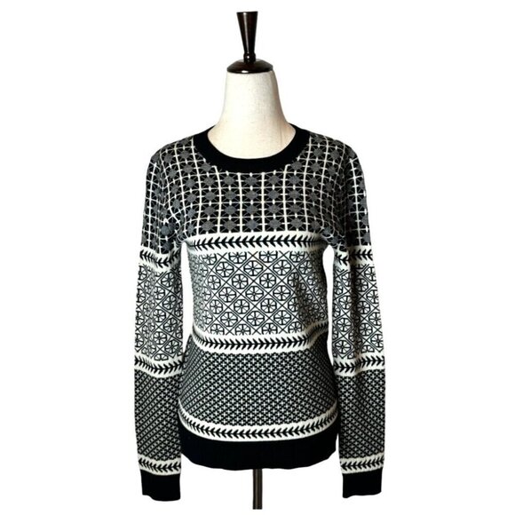 Jason Wu Sweater Womens Small Black Ivory Wool Knit Crew Neck Fair Isle Pullover - Picture 2 of 11